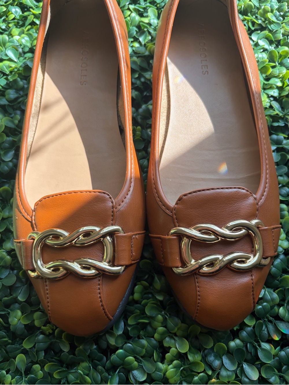 Aerosoles Baxter Cognac Brown Gold Chain Link Loafer Flats Size 8M